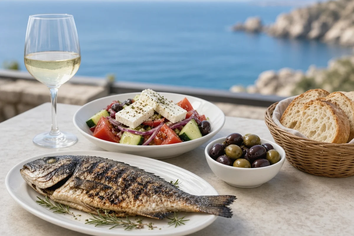 Grilled fish, a tomato and cucumber salad with white cheese, olives, bread and white wine on a table by the sea