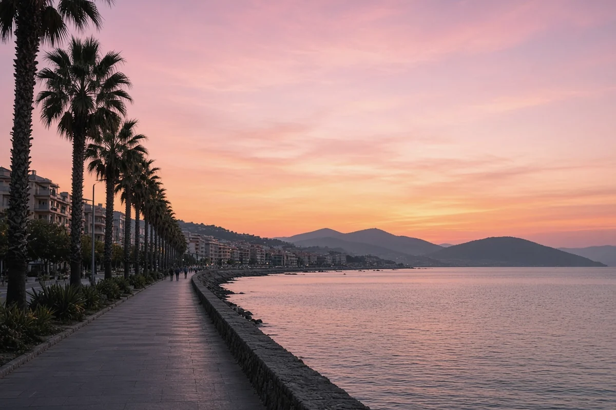 A palm-lined seafront promenade beside a calm bay at sunset