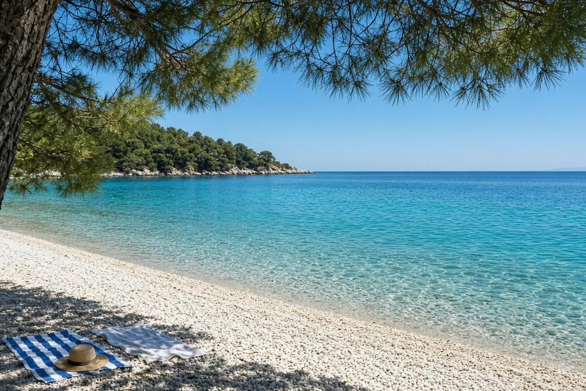 A pine-shaded white pebble beach with very clear shallow turquoise water