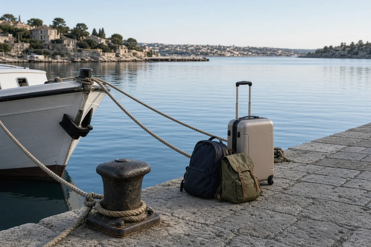 Backpacks and a suitcase waiting on a stone quay beside mooring ropes and a moored boat
