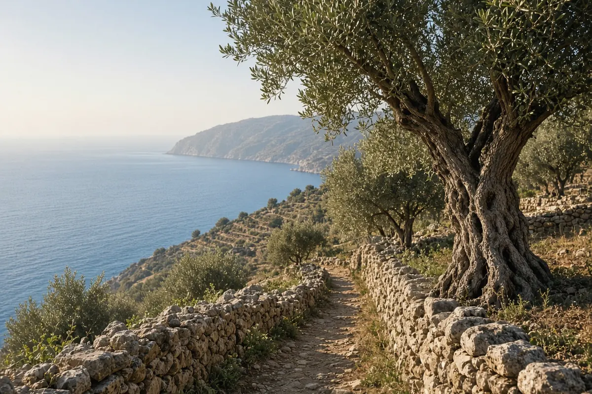 Old olive trees on dry-stone terraces above the sea, with a narrow footpath between the walls