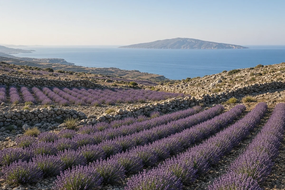 Rows of purple lavender on a stony hillside with dry-stone walls, the sea and an island beyond
